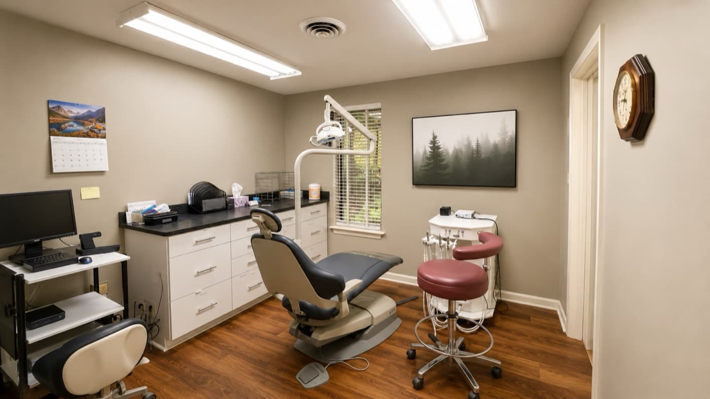 Warm-toned treatment room with Blue Ridge mountain art